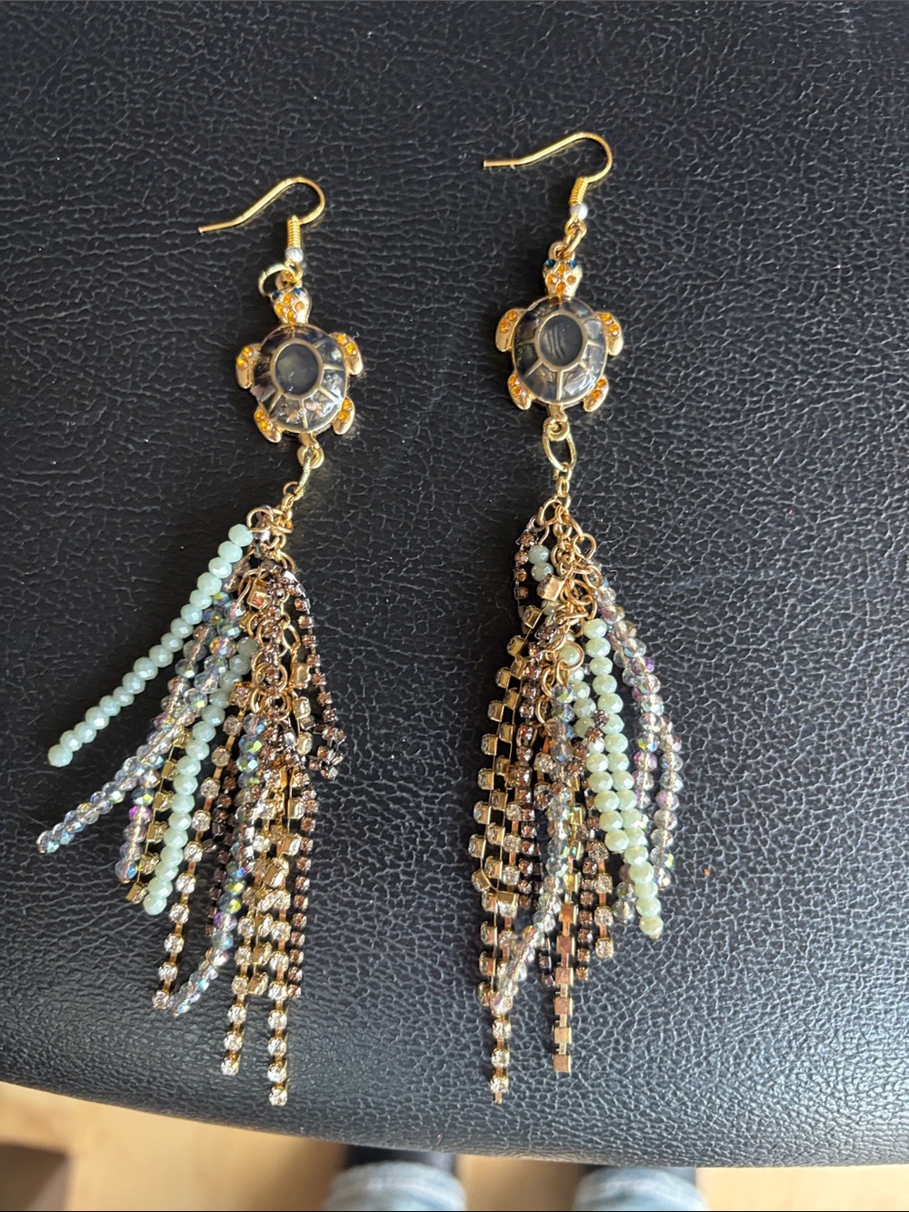Gold Turtle Tassel Drop Earrings with Mint and Iridescent Beads